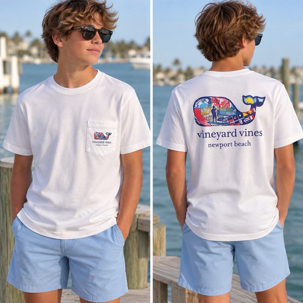 Vineyard Vines Boys L 16 Newport Beach Whale Pocket T Shirt White Preppy Coastal